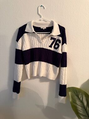 Cable-Knit Striped Polo Sweater with 76 Patch - White and Navy